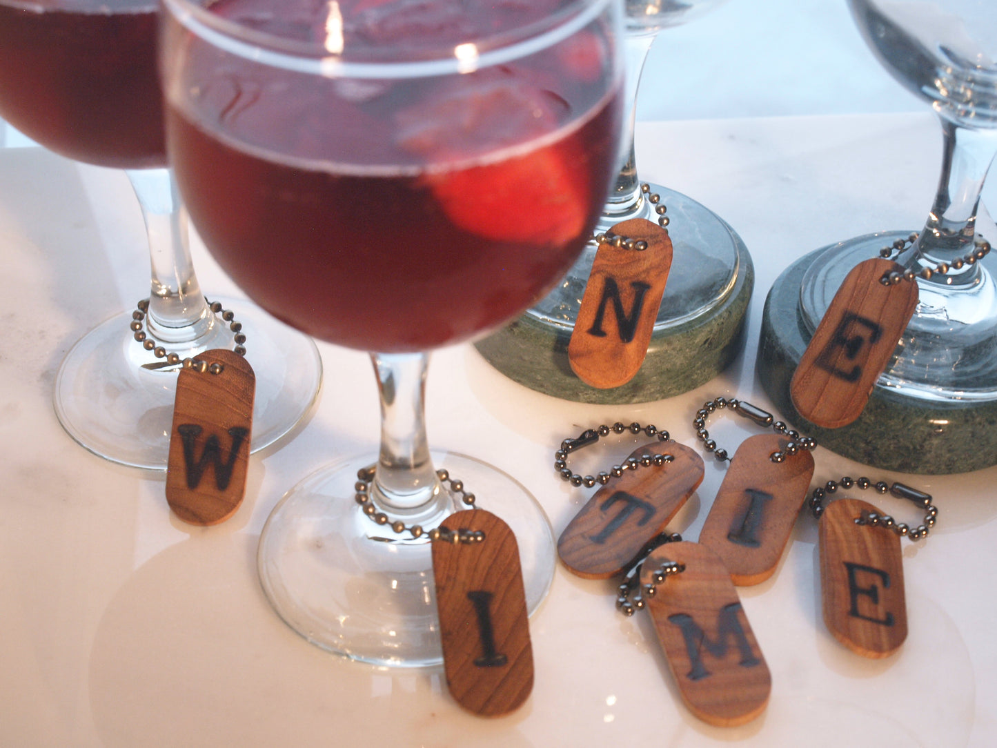 Rustic Wood Wine Glass Charm Set