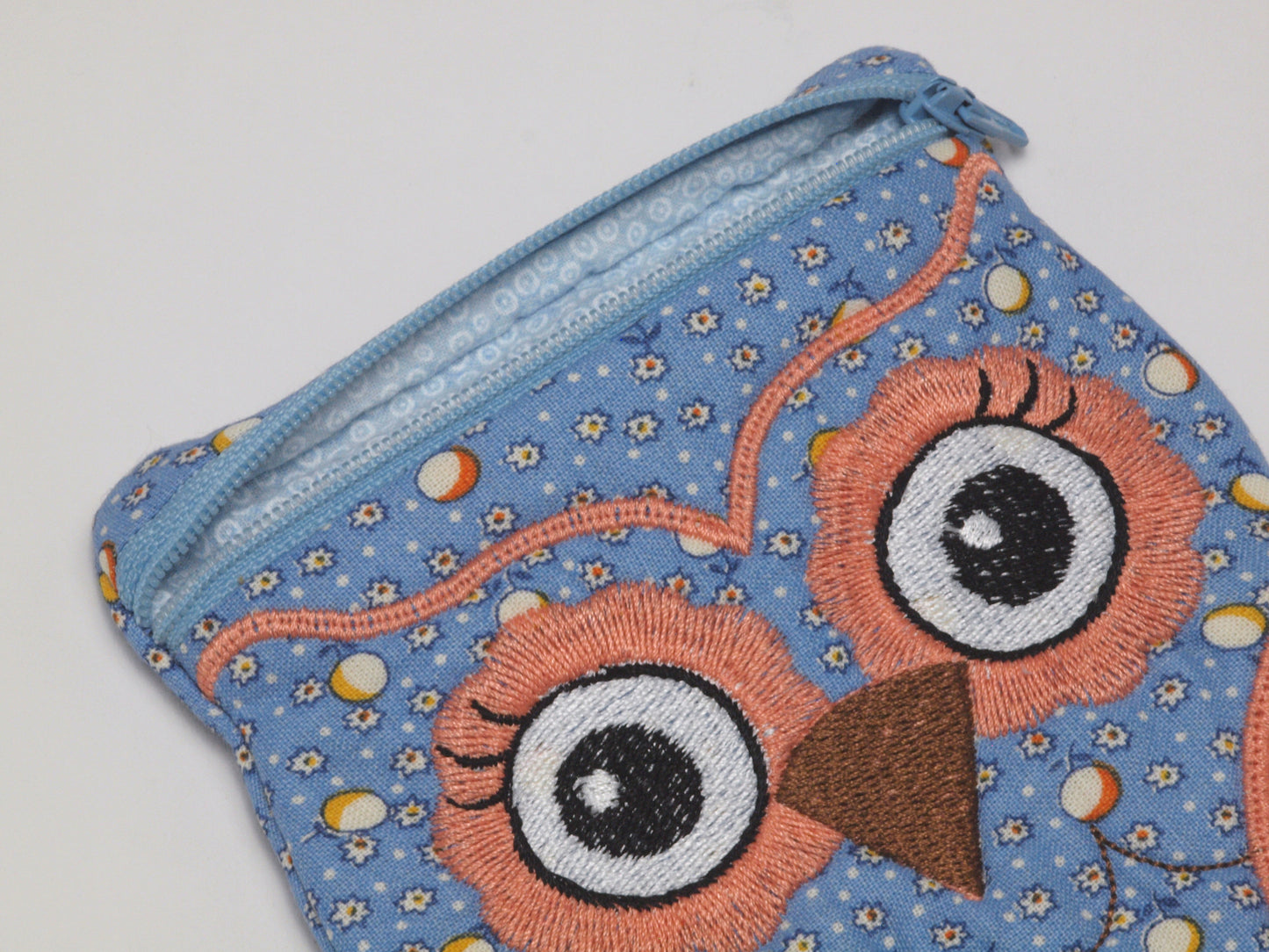 Embroidered Owl Fabric Case - Blue/Peach