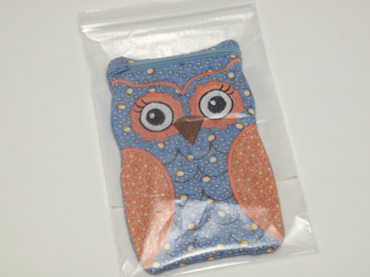 Embroidered Owl Fabric Case - Blue/Peach