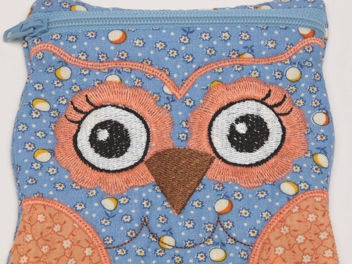 Embroidered Owl Fabric Case - Blue/Peach