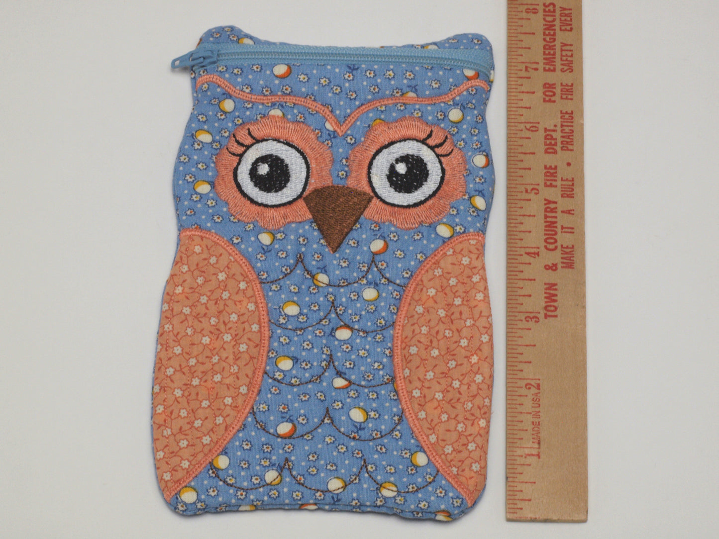 Embroidered Owl Fabric Case - Blue/Peach