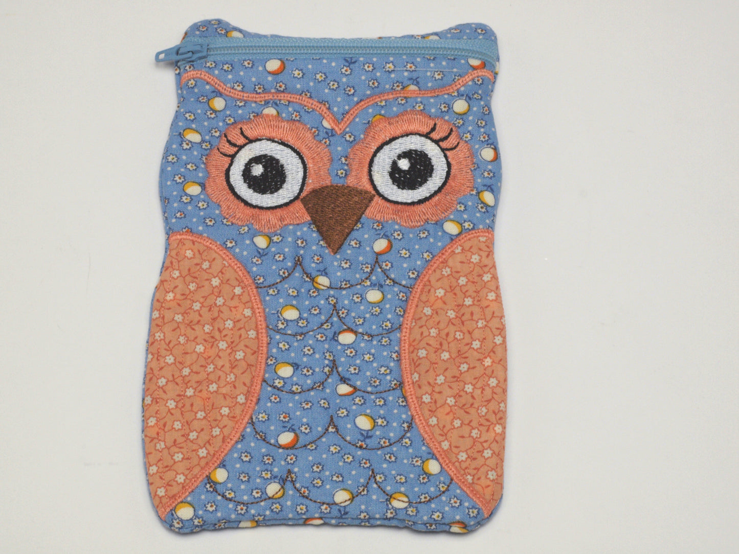 Embroidered Owl Fabric Case - Blue/Peach