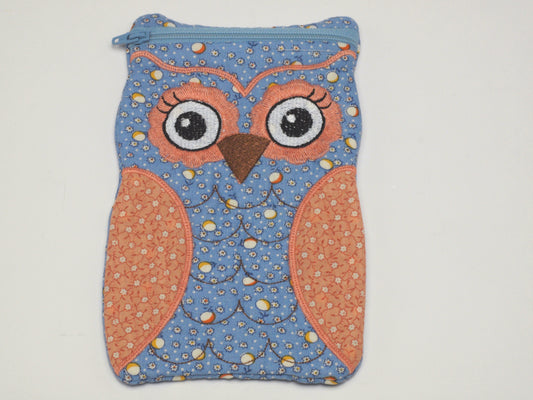 Embroidered Owl Fabric Case - Blue/Peach